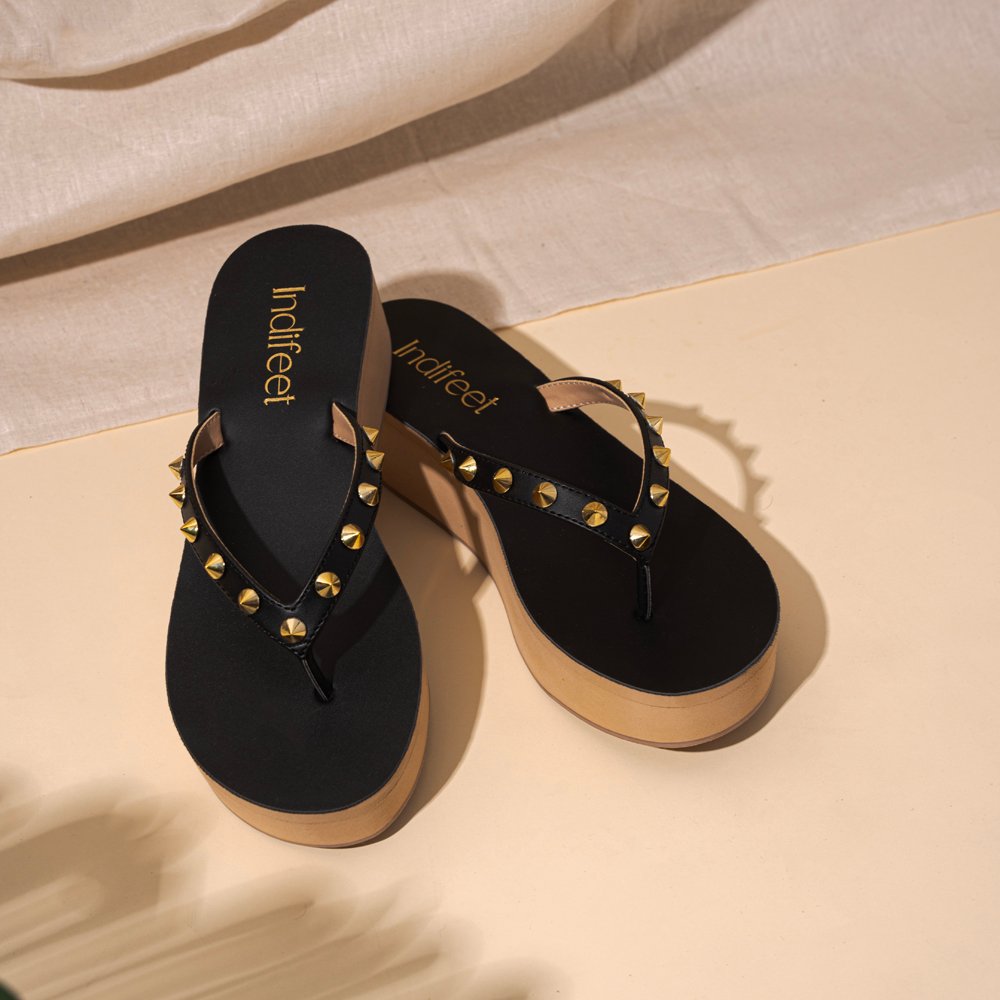 Studded Black Platform Sandals - Indifeet