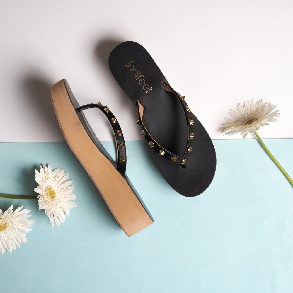 Studded Black Platform Sandals - Indifeet