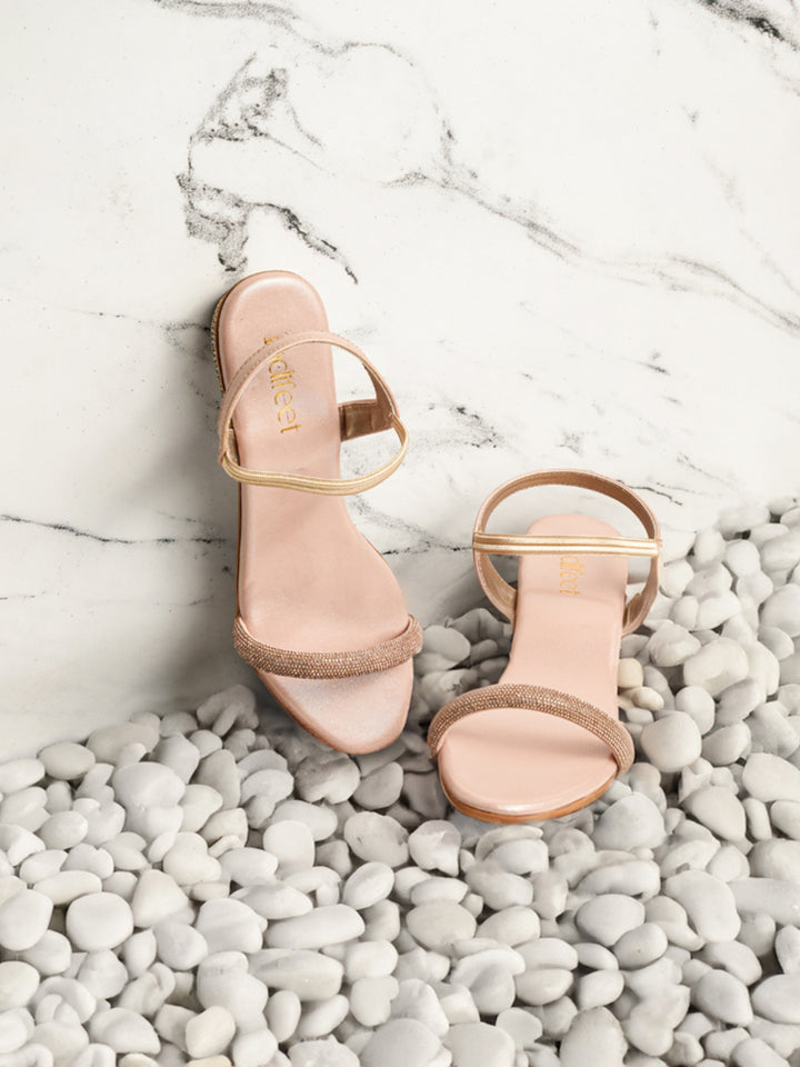 Embellished Rose Gold Block Heel Sandals