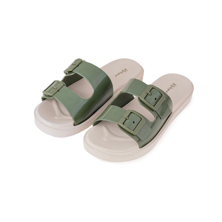 Olive Green Glossy Buckle Sliders