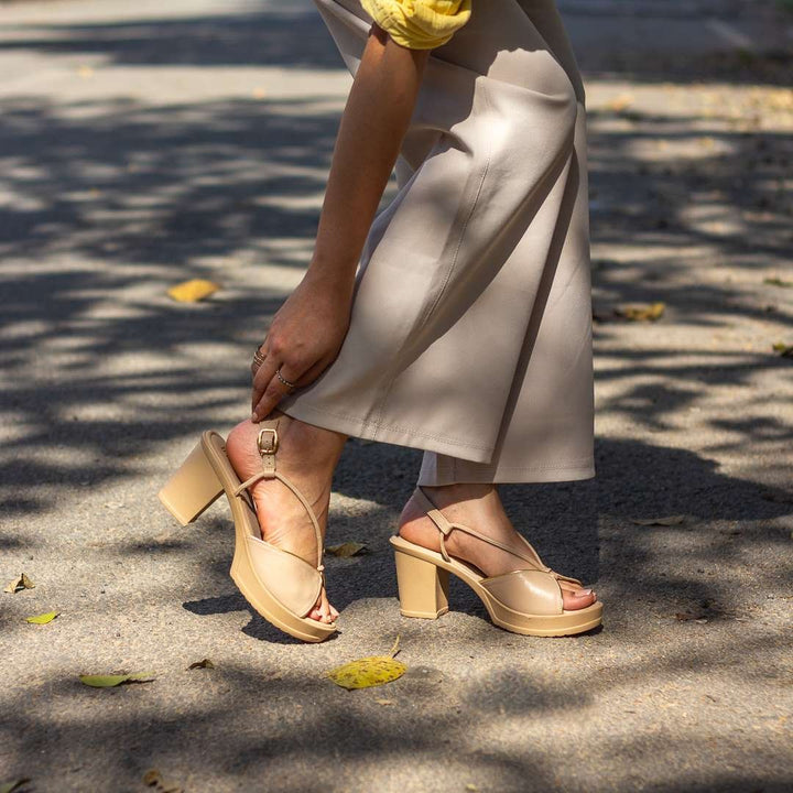 Beige Peep-Toe Block Heels