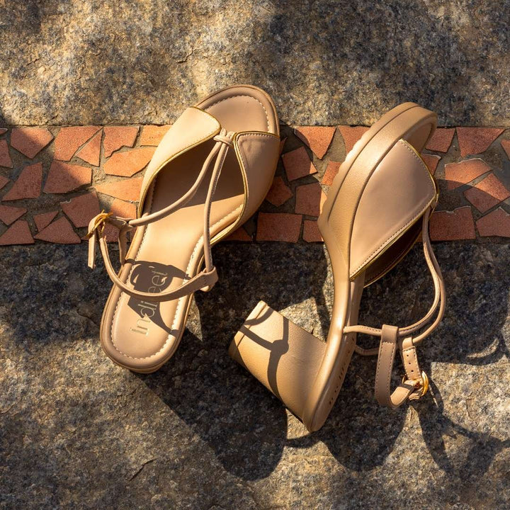 Beige Peep-Toe Block Heels