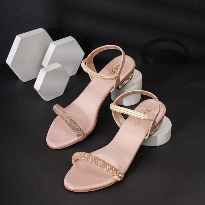 Embellished Rose Gold Block Heel Sandals