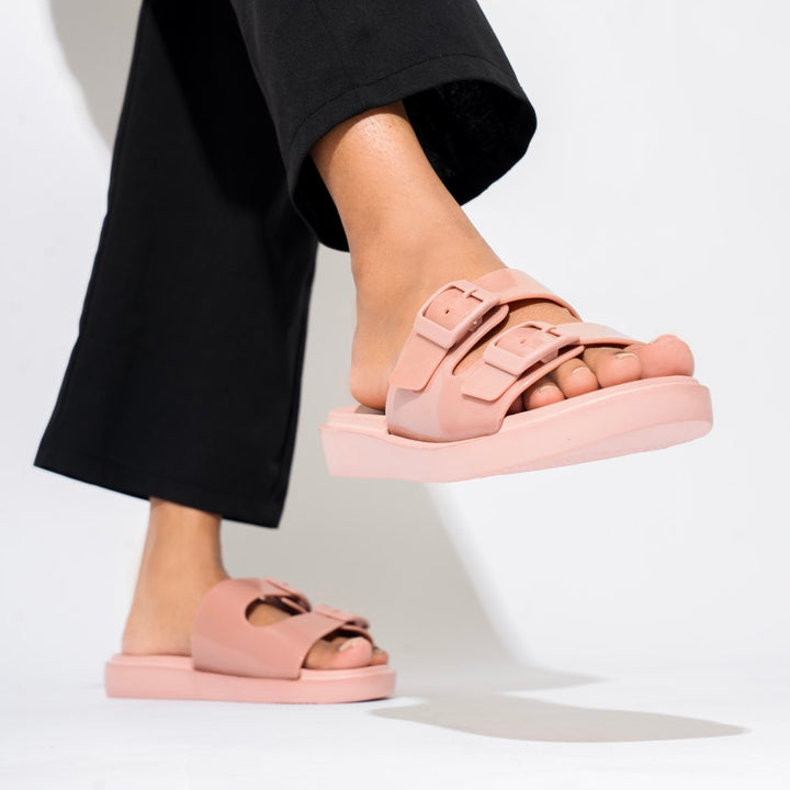 Pink Double Strap Sliders