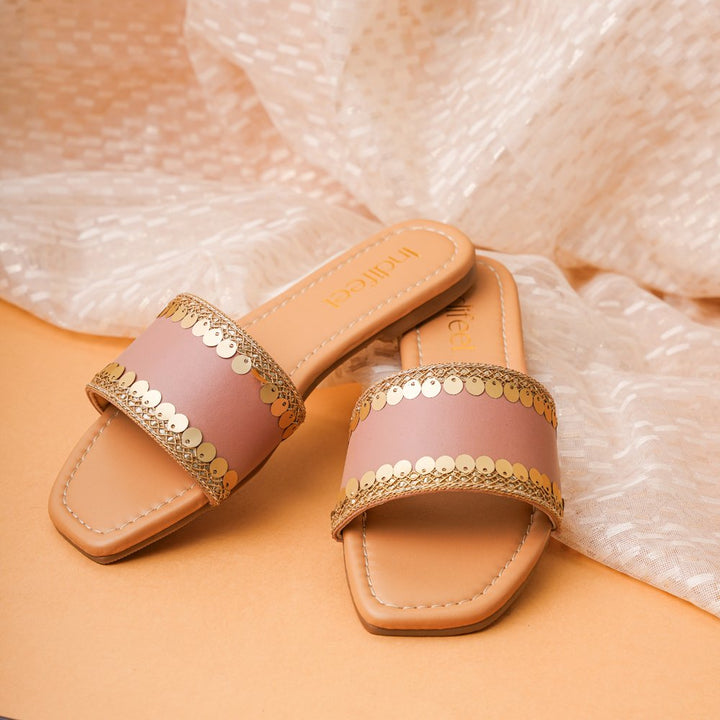 Embellished Peach Gold Flats