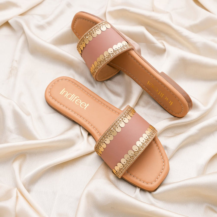 Embellished Peach Gold Flats