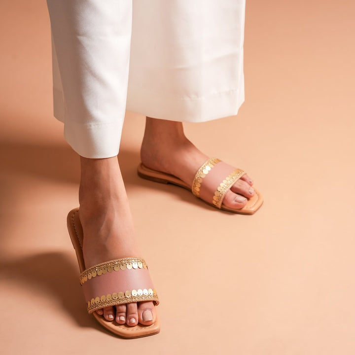 Embellished Peach Gold Flats
