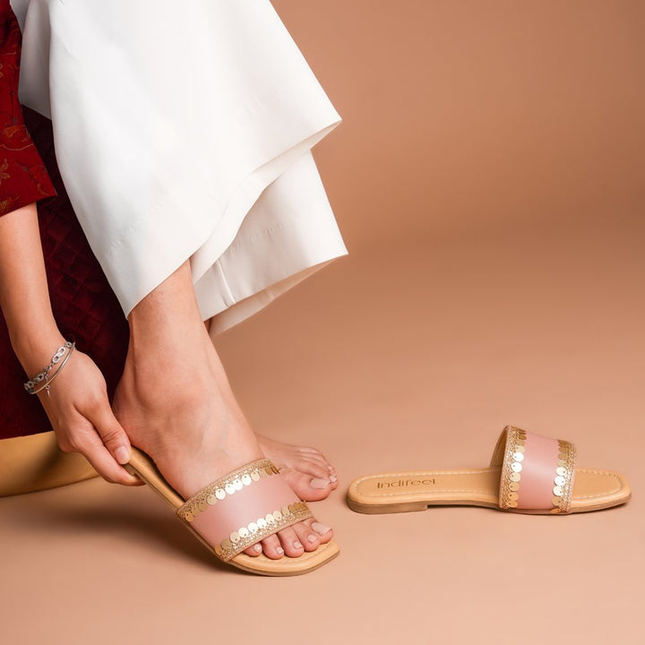 Embellished Peach Gold Flats