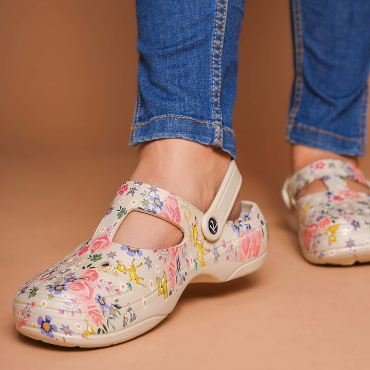 Floral Printed Beige Clogs