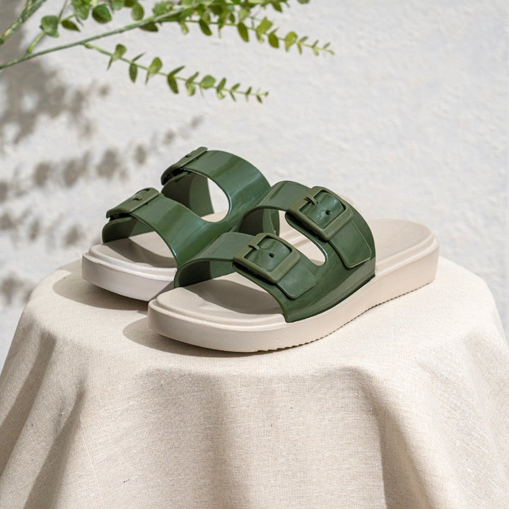 Olive Green Glossy Buckle Sliders