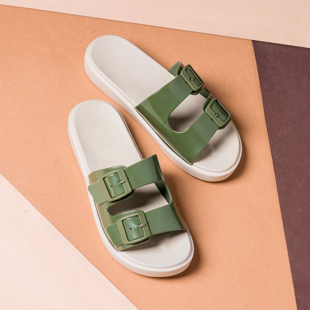 Olive Green Glossy Buckle Sliders