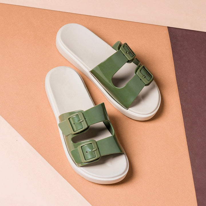 Olive Green Glossy Buckle Sliders