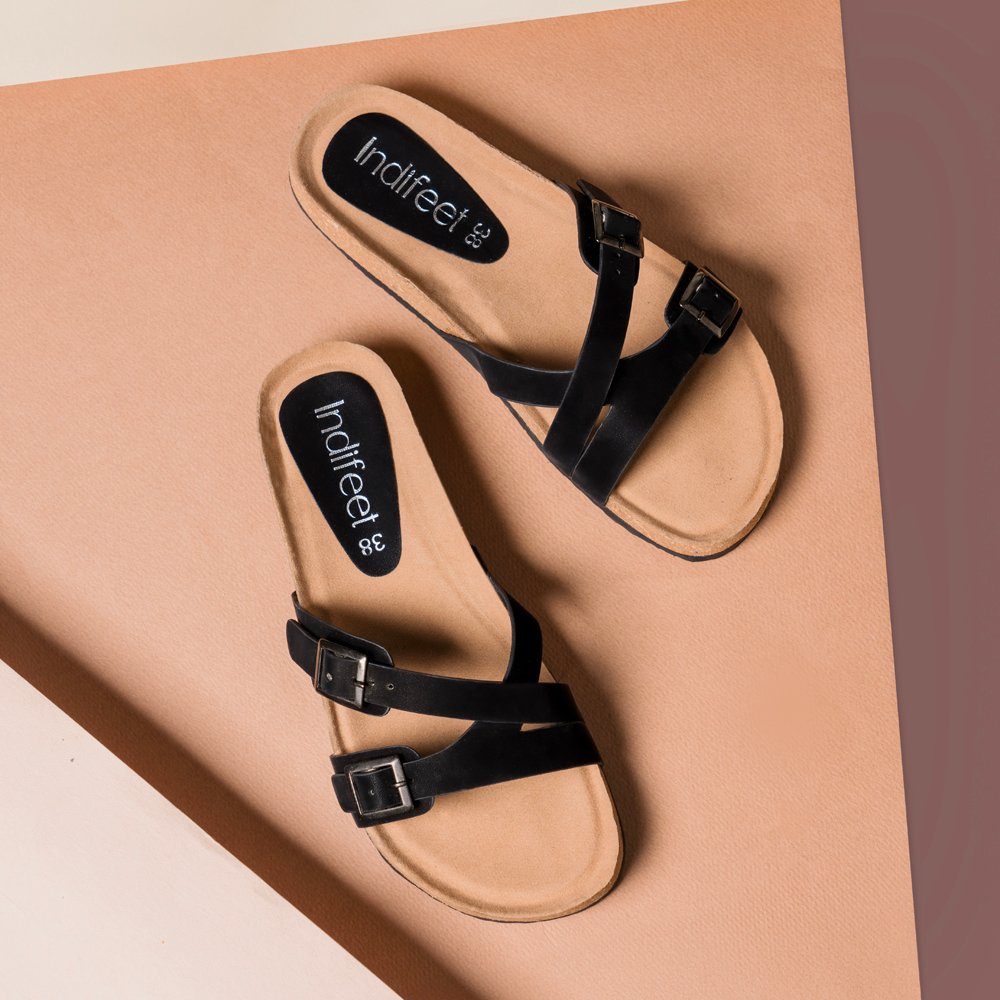 Dual Strap Cork Sandals Black