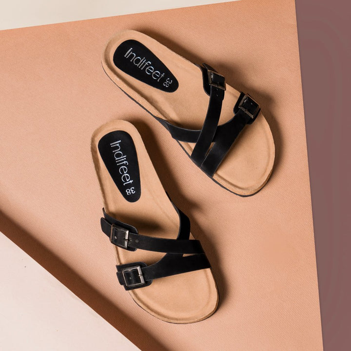 Dual Strap Cork Sandals Black