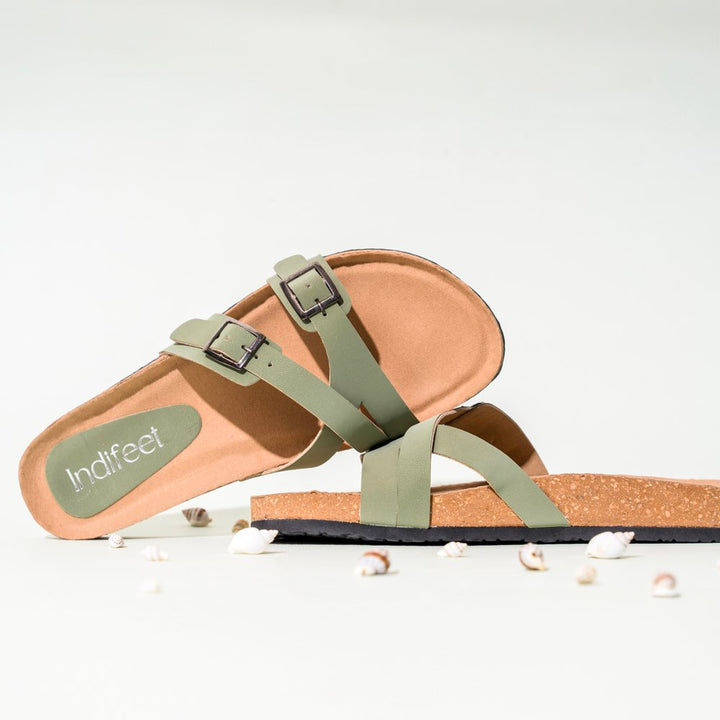 Dual Strap Cork Sandals Olive Green