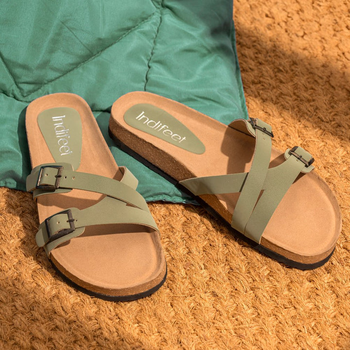 Dual Strap Cork Sandals Olive Green