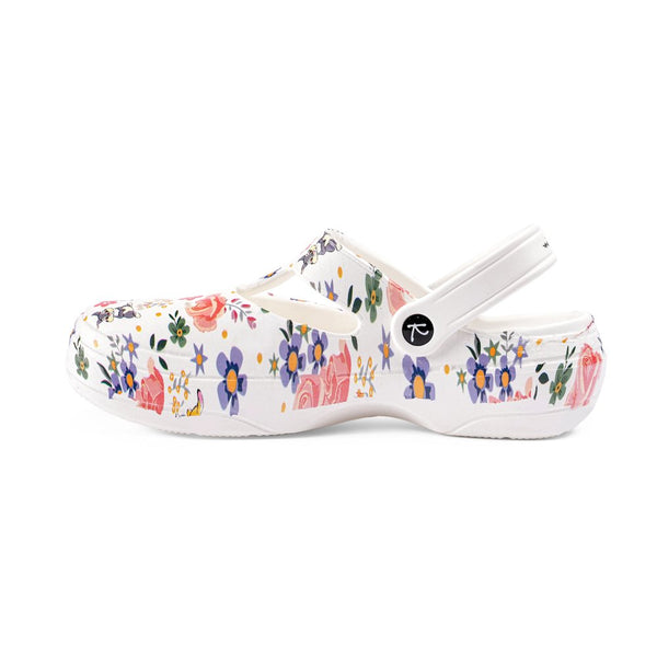 Floral Printed White Clogs - Indifeet