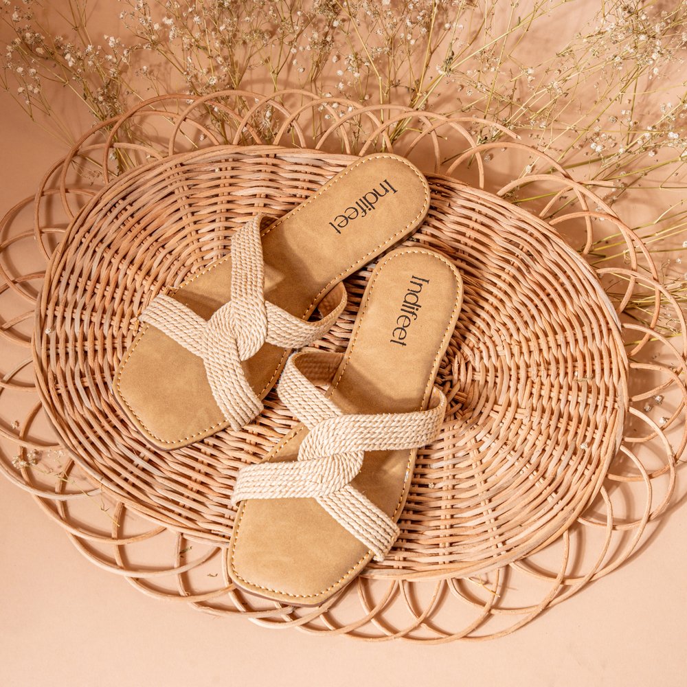 Intertwine Beige Jute Flats - Indifeet