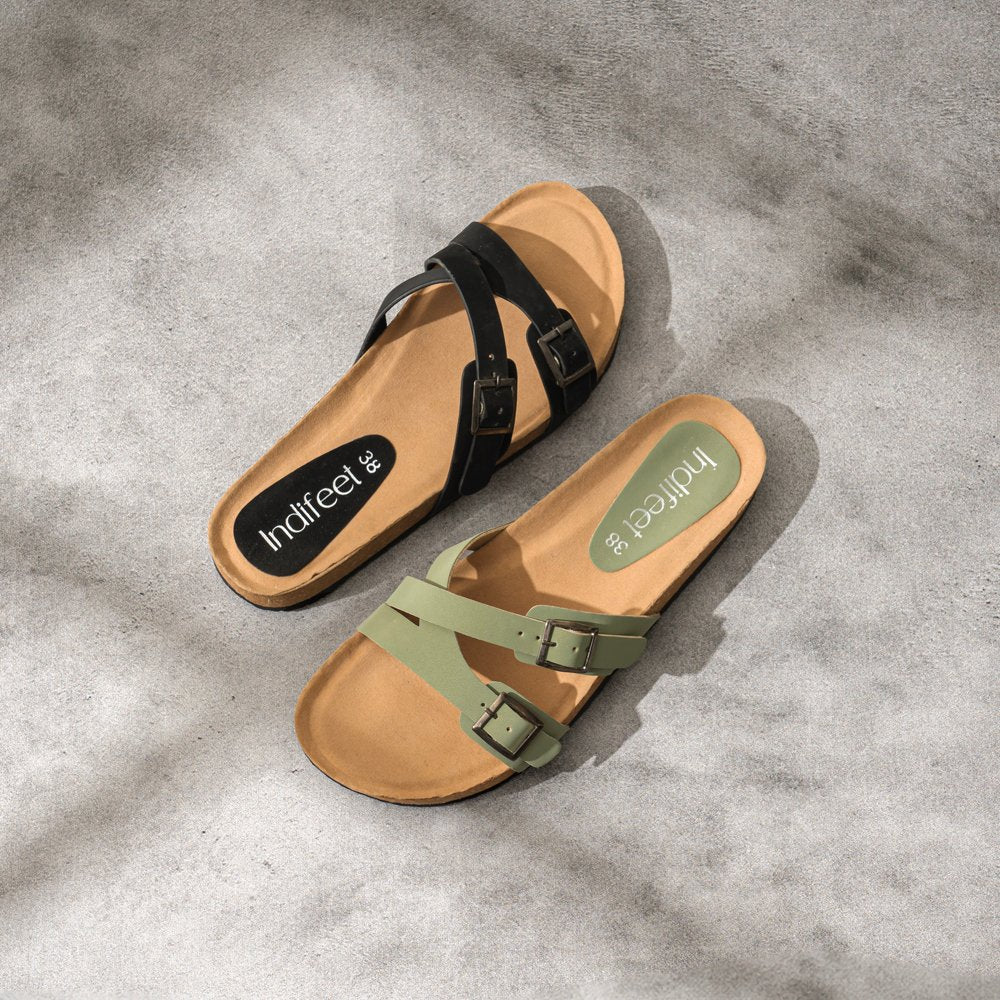 Dual Strap Cork Sandals Olive Green