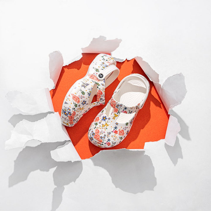 Floral Printed White Clogs