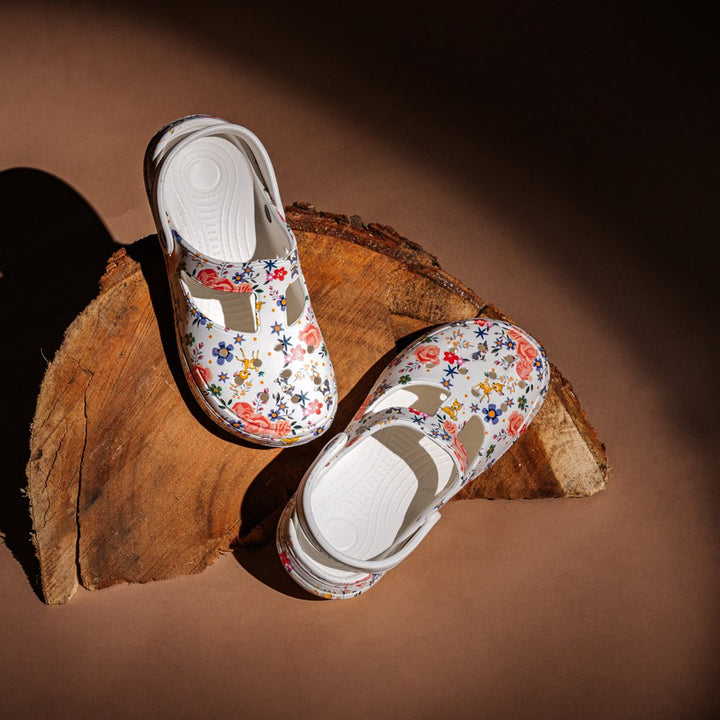 Floral Printed White Clogs