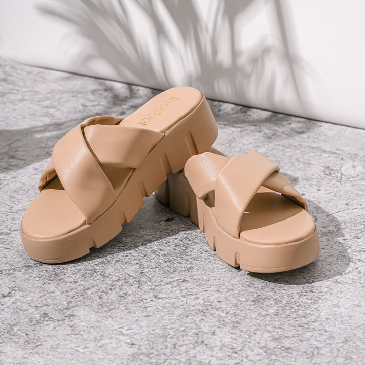 Cross-Strap Beige Platform heels