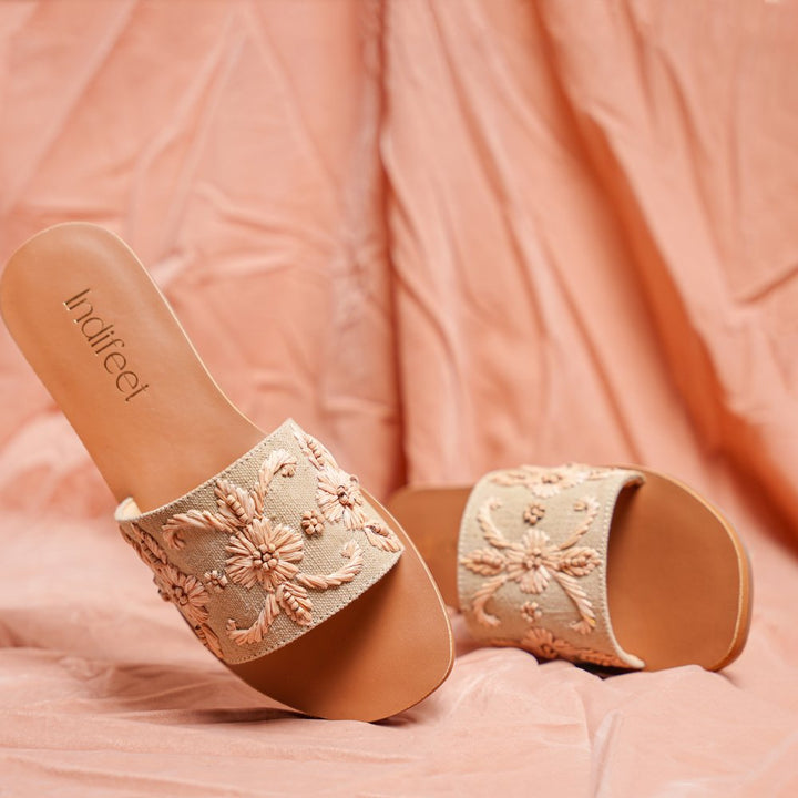 Beige Hand Embroidered Flats