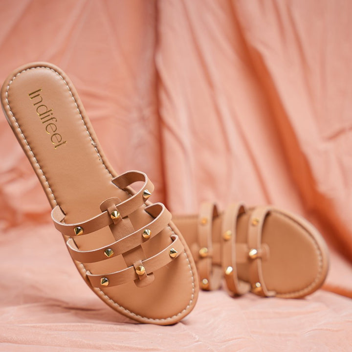Beige Studded Flat Sandals