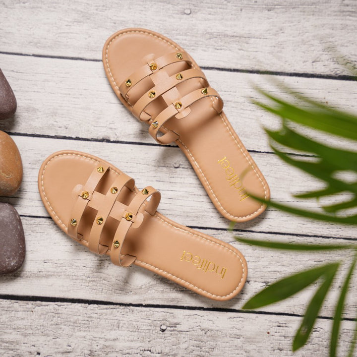 Beige Studded Flat Sandals