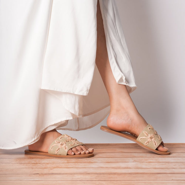 Beige Hand Embroidered Flats