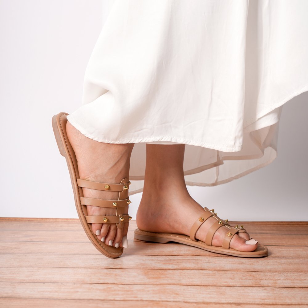 Beige Studded Flat Sandals