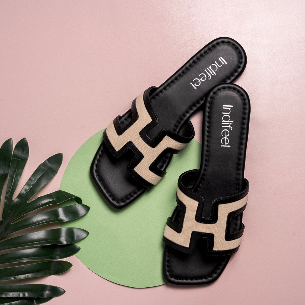 Midnight Black Geometric Flat Sandals