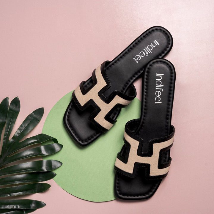 Midnight Black Geometric Flat Sandals