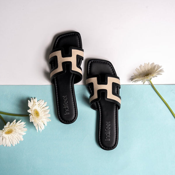 Midnight Black Geometric Flat Sandals - Indifeet