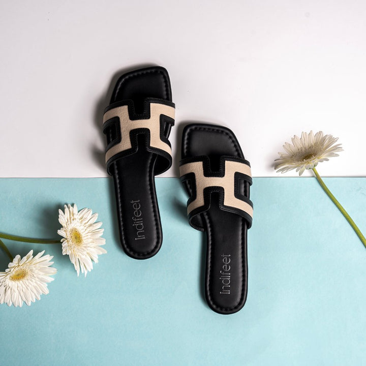Midnight Black Geometric Flat Sandals