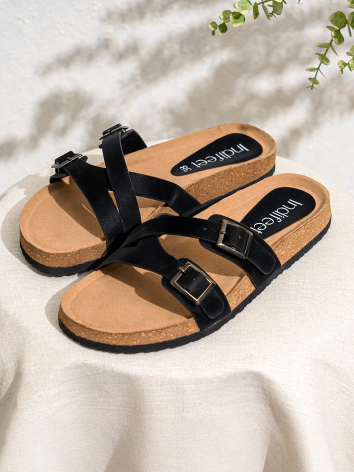 Dual Strap Cork Sandals Black