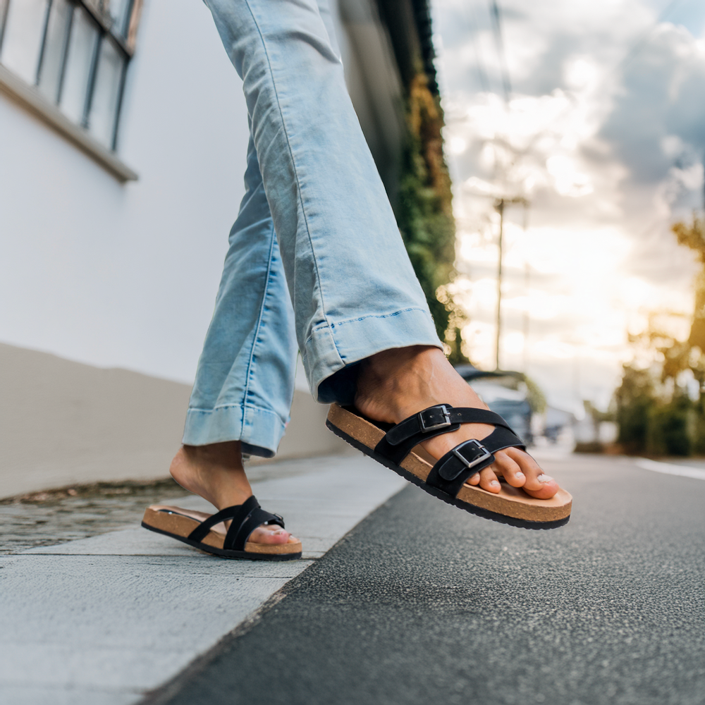 Dual Strap Cork Sandals Black