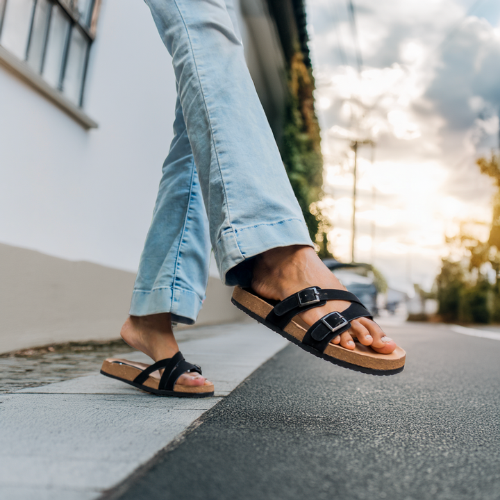 Dual Strap Cork Sandals Black