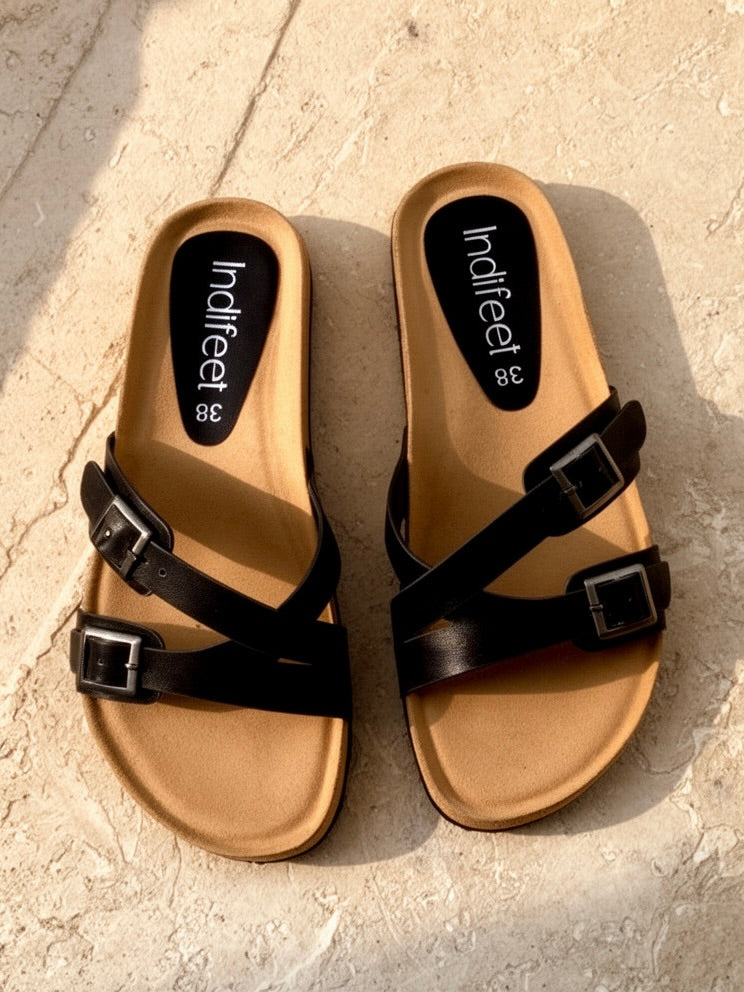 Dual Strap Cork Sandals Black
