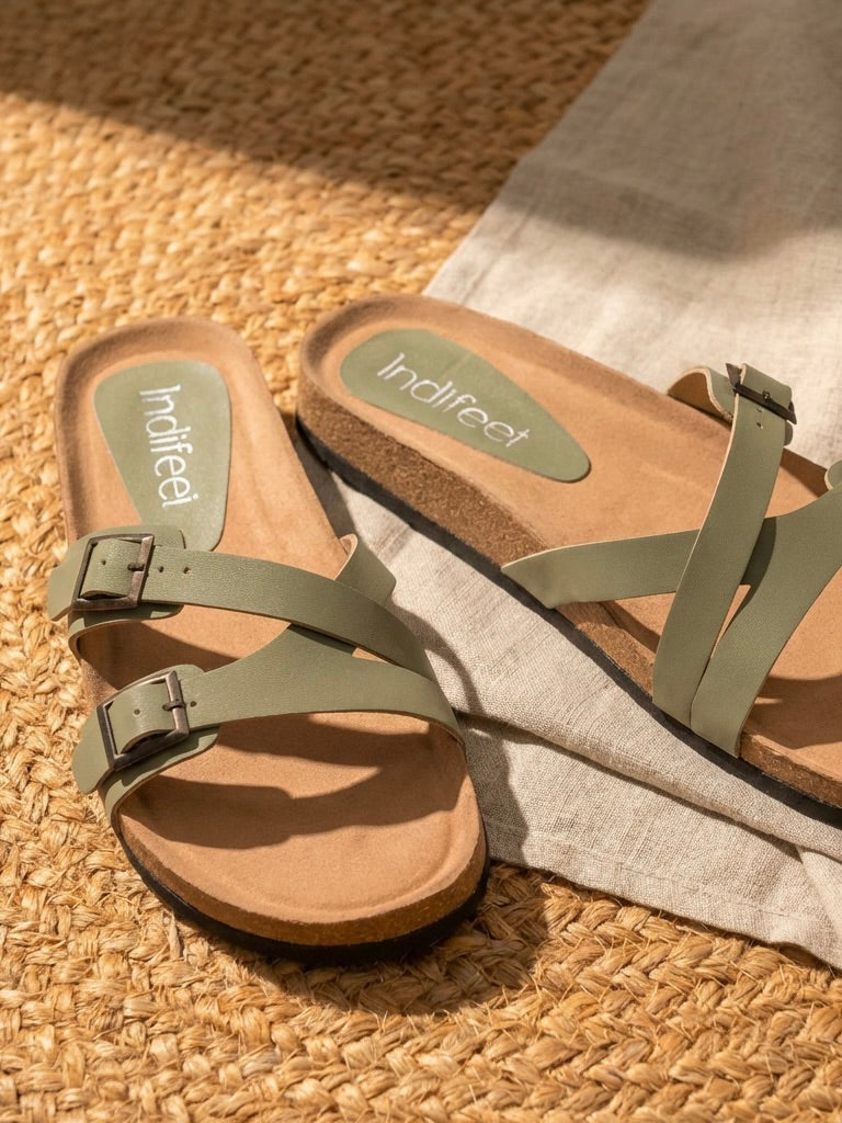 Dual Strap Cork Sandals Olive Green