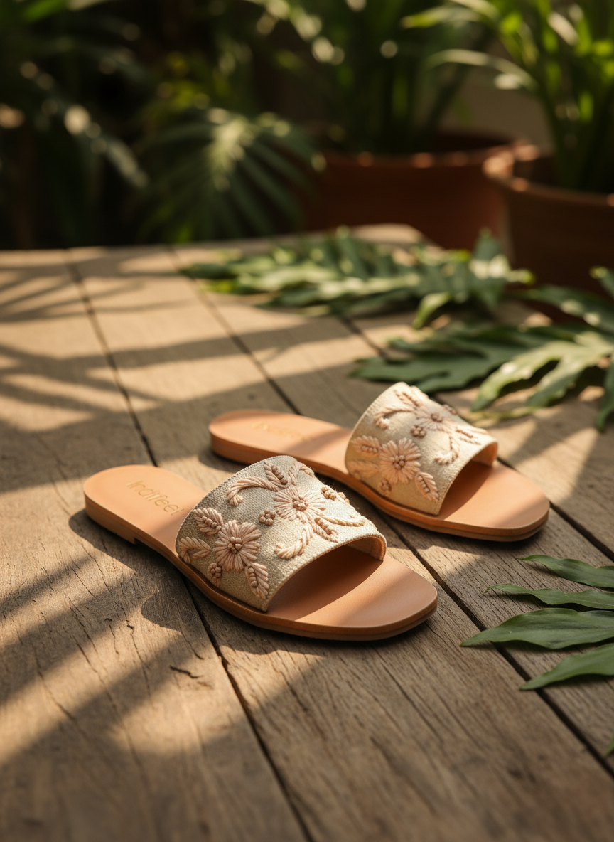 Beige Hand Embroidered Flats