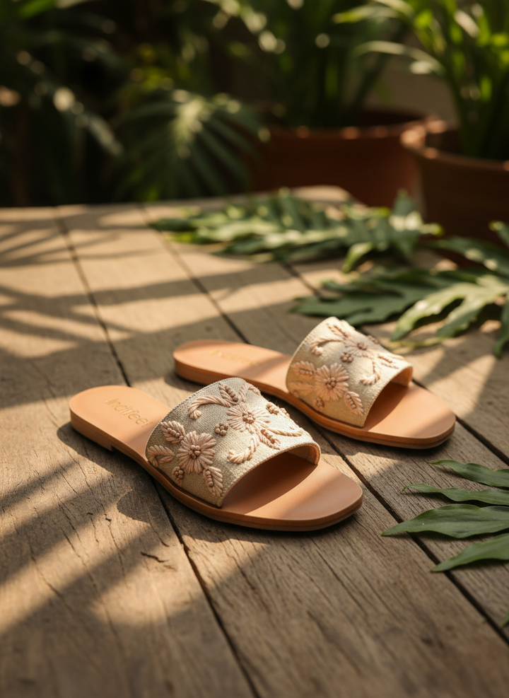 Beige Hand Embroidered Flats