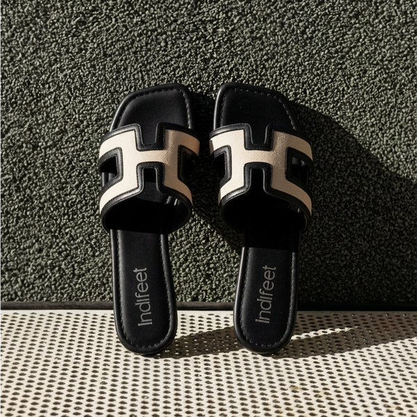 Midnight Black Geometric Flat Sandals