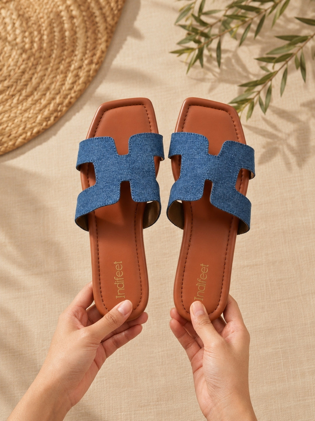 Denim Geometric Flat Sandals