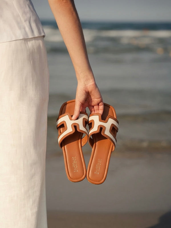 Tan Geometric Flat Sandals