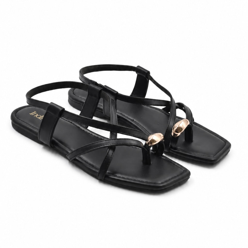 Black Toe Ring Flat Sandals