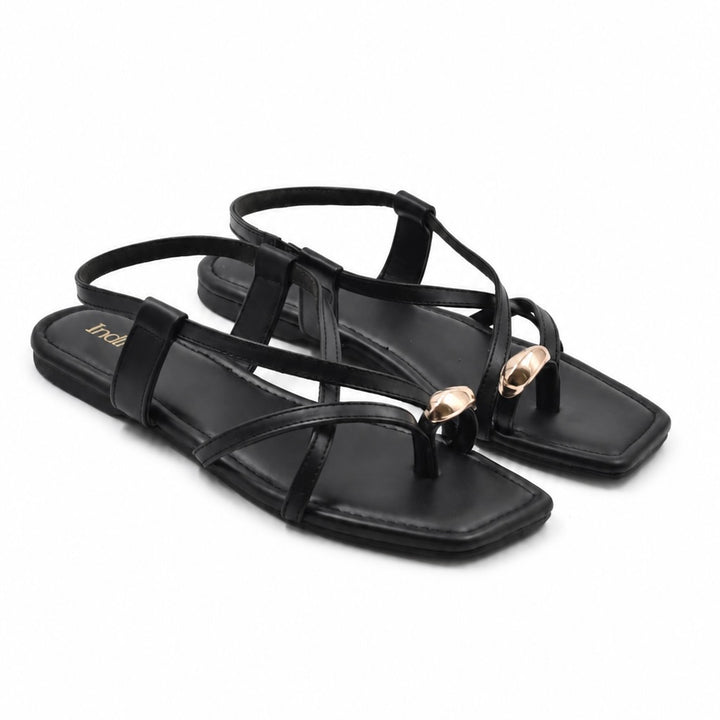 Black Toe Ring Flat Sandals
