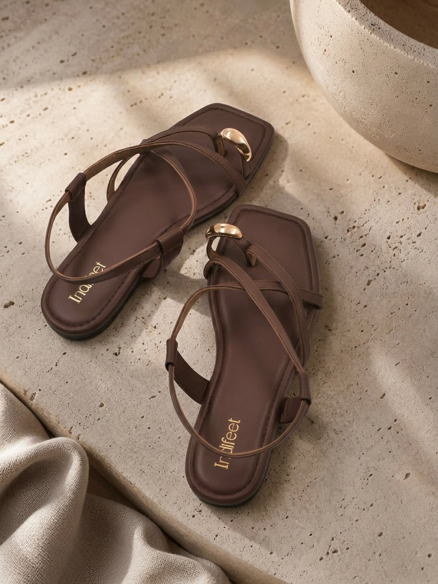 Brown Toe Ring Flat Sandals