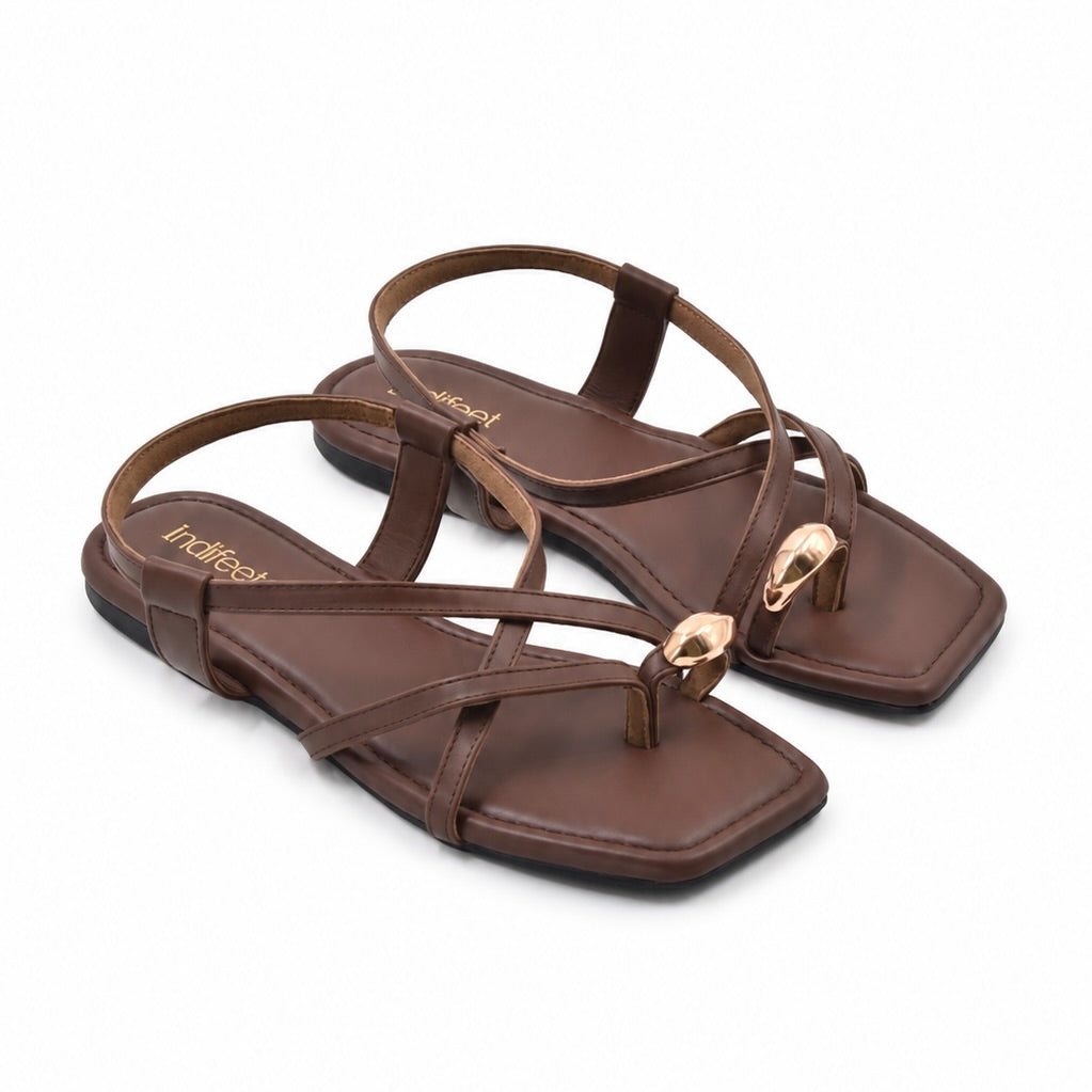 Brown Toe Ring Flat Sandals
