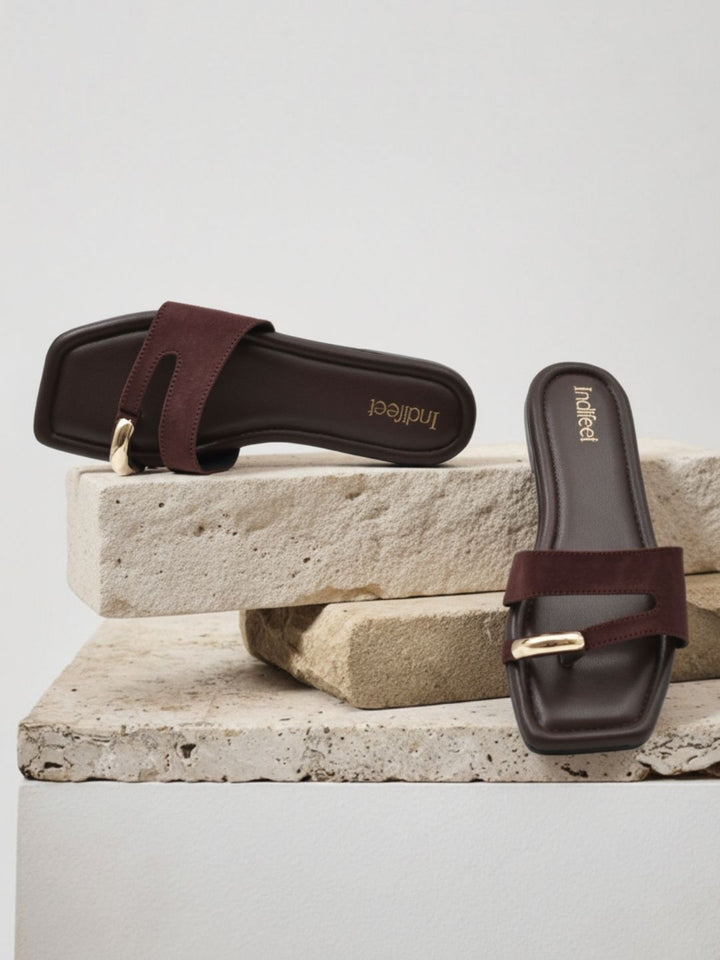 Brown Toe Ring Flat Suede Sandals
